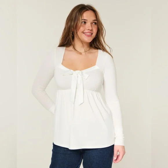 Hollister Satin Tie Front Babydoll Top White Y2K Coquette Long Sleeve M NWT - Picture 2 of 5